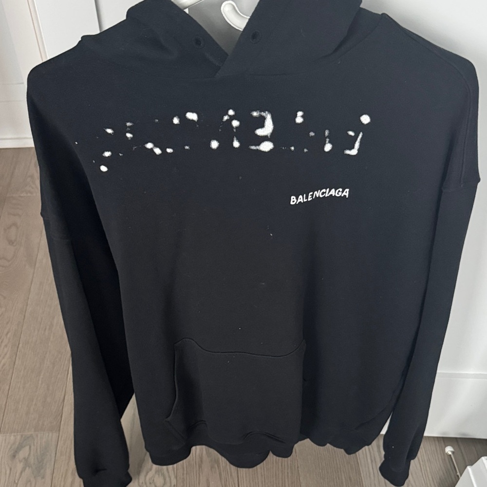 Balenciaga Black Hoodie Sweatshirt with White Distressed Detail size large